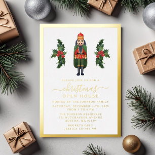 Invitación Con Relieve Metalizado Elegante Casa Abierta de Navidad Cascanueces Dorad