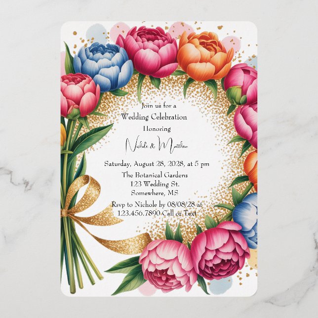 Invitación Con Relieve Metalizado Elegante celebración del Boda Peony Bouquet (Anverso)
