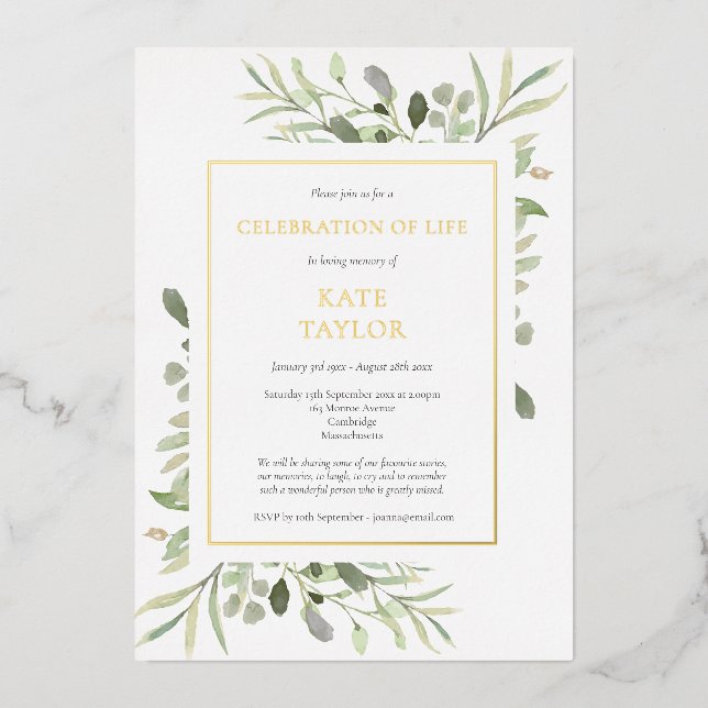 Invitación Con Relieve Metalizado Elegante celebración funeraria del oro de la veget (Anverso)