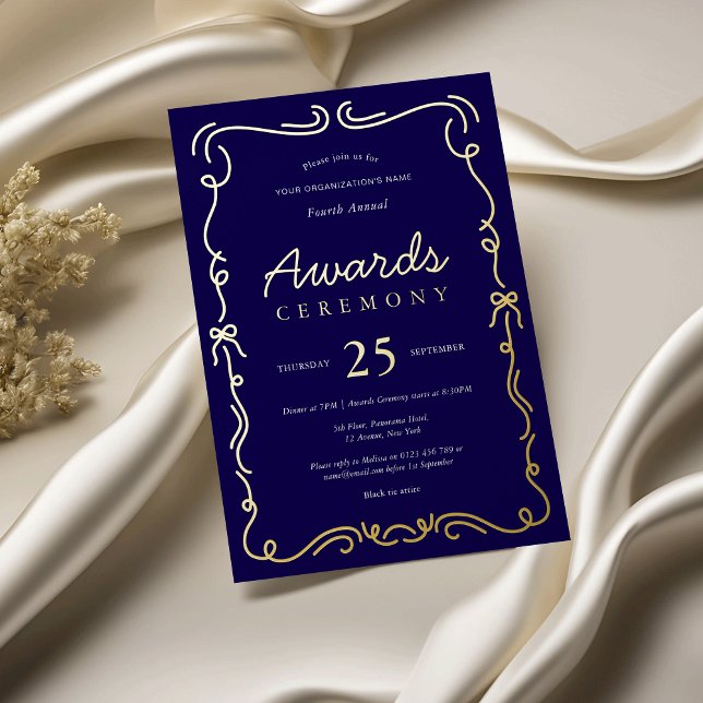 Invitación Con Relieve Metalizado Elegante ceremonia de entrega de premios a la Mari (Professional awards ceremony business invitation in navy blue and real gold foil)