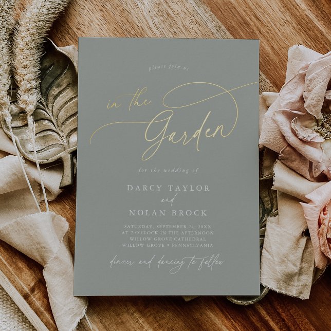 Invitación Con Relieve Metalizado Elegante Charm Relieve metalizado dorado Green Gar (Elegant Charm Gold Foil Green Garden Wedding Foil Invitation)