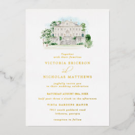 Invitación Con Relieve Metalizado Elegante Chateau | Boda de Mansión Acuarela