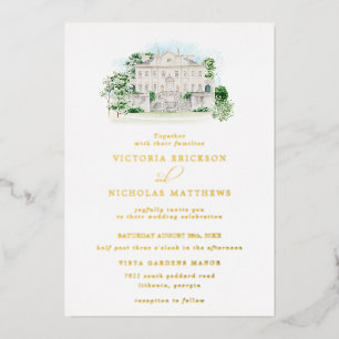 Invitación Con Relieve Metalizado Elegante Chateau   Boda de Mansión Acuarela