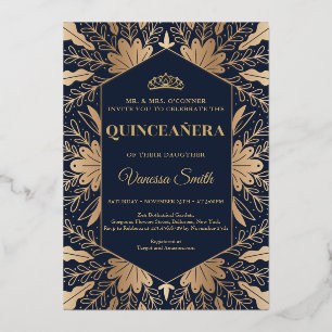 Invitación Con Relieve Metalizado Elegante chic azul marino y oro real foil quinceañ