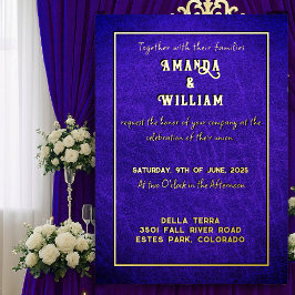 Invitación Con Relieve Metalizado Elegante Chic Dorado sobre Cuero Azul para Boda