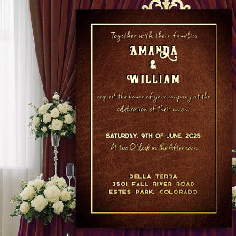 Invitación Con Relieve Metalizado Elegante Chic Dorado sobre Cuero Marrón Boda