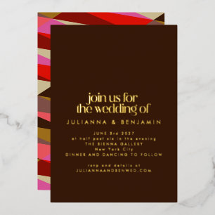 Invitación Con Relieve Metalizado Elegante Chic Rojo Marrón Geométrico Boda Oro