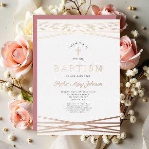 Invitación Con Relieve Metalizado Elegante Chica Bautismo Rosa Oro