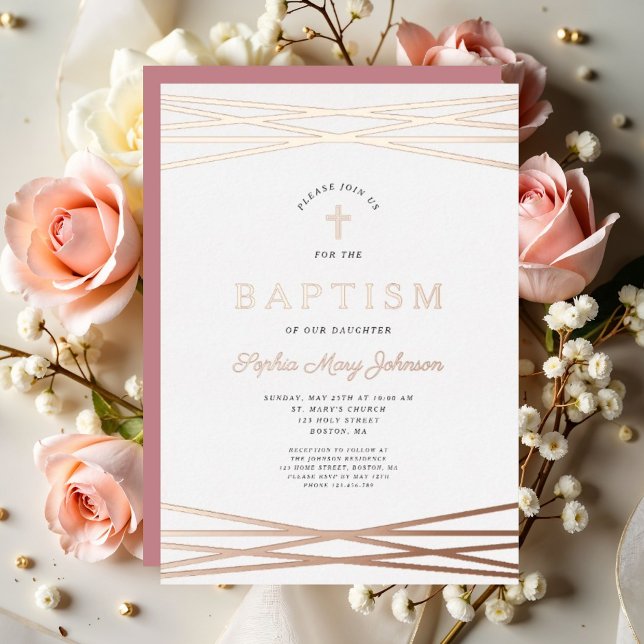 Invitación Con Relieve Metalizado Elegante Chica Bautismo Rosa Oro (Elegant Girl Baptism Rose Gold Foil Invitation)