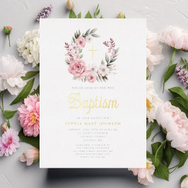 Invitación Con Relieve Metalizado Elegante Chica de flores rosadas florales baptismo