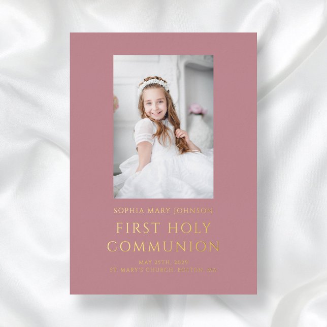 Invitación Con Relieve Metalizado Elegante Chica de fotografía de Relieve metalizado (Elegant Pink Photo Girl First Communion Gold Foil Invitation)