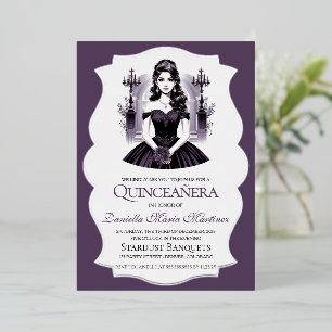 Invitación Con Relieve Metalizado Elegante Chica de Quinceañera Púrpura