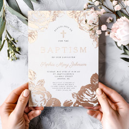 Invitación Con Relieve Metalizado Elegante Chica floral Bautismo Rosa Oro