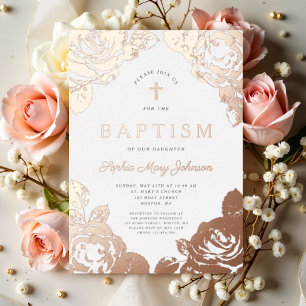 Invitación Con Relieve Metalizado Elegante Chica floral Bautismo Rosa Oro