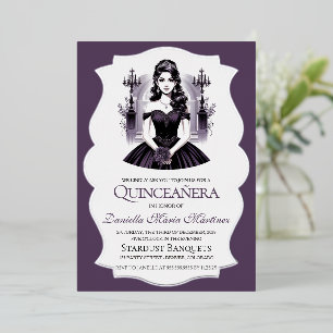 Invitación Con Relieve Metalizado Elegante Chica Quinceañera Púrpura
