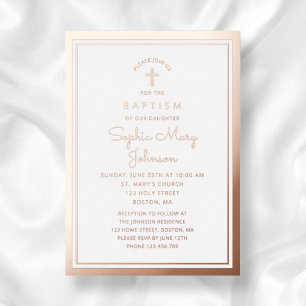 Invitación Con Relieve Metalizado Elegante Chica religioso cruzado bautismo Rosa oro