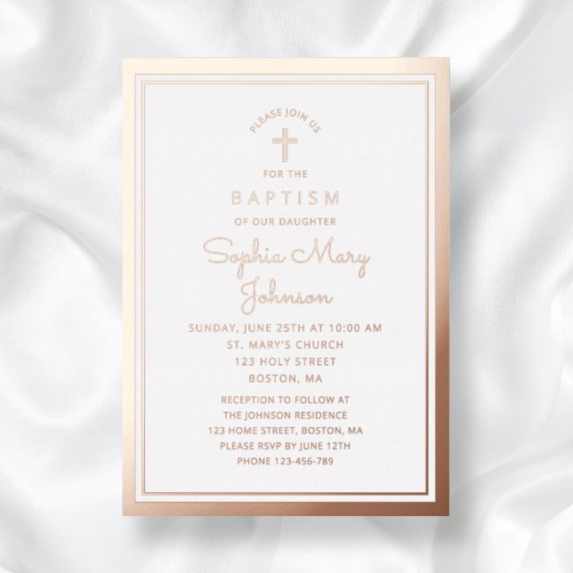 Invitación Con Relieve Metalizado Elegante Chica religioso cruzado bautismo Rosa oro (Elegant Religious Rose Gold Cross Script Baptism Foil Invitation)