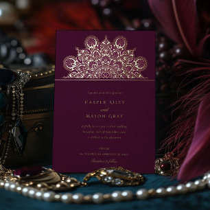 Invitación Con Relieve Metalizado Elegante Ciruela Burgundy Bodas con Hojas de Oro M