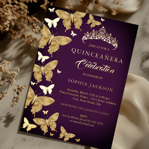 Invitación Con Relieve Metalizado Elegante Ciruela Púrpura Dorado Mariposa Quinceañe