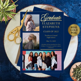 Invitación Con Relieve Metalizado Elegante Clásico 3 Foto Graduada Azul