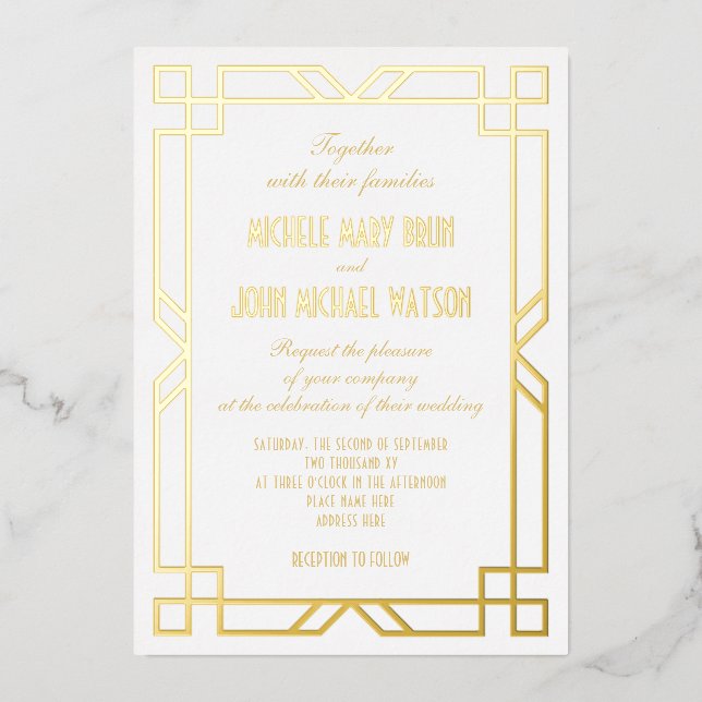 Invitación Con Relieve Metalizado Elegante clásico Art Deco Marco sencilloOro blanco (Anverso)