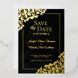 Invitación Con Relieve Metalizado Elegante Clásico con Adornos Florales para Boda