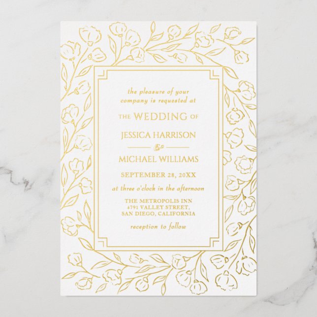 Invitación Con Relieve Metalizado Elegante Clásico Floral Línea Art Boda Oro Blanco (Anverso)