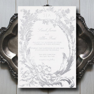 Invitación Con Relieve Metalizado Elegante clásico floral rococó francés