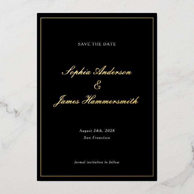 Invitación Con Relieve Metalizado Elegante Clásico Formal Marco Negro Letra Bodas (Anverso)