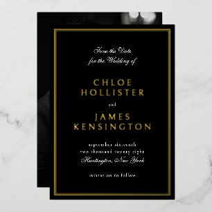 Invitación Con Relieve Metalizado Elegante Clásico Formal Negro Foto Boda Oro