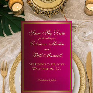 Invitación Con Relieve Metalizado Elegante Clásico Magenta y Oro Salva la Fecha