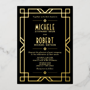 Invitación Con Relieve Metalizado Elegante Clásico Moderno Art Deco Boda Negra Dorad