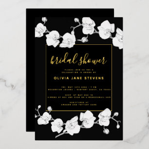 Invitación Con Relieve Metalizado Elegante Clásico Moderno Orquídeas Negro Despedida