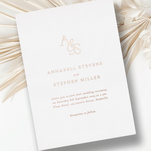 Invitación Con Relieve Metalizado Elegante, clásico, monograma, blanco, Relieve meta (Elegant, Classic, Monogram, White, Foil, Wedding Foil Invitation. Rose-Gold, Gold, Silver Foil.)