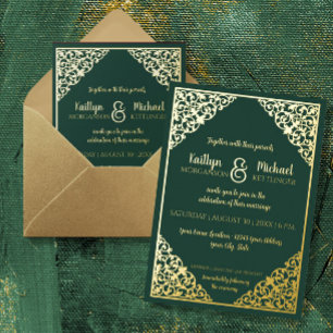 Invitación Con Relieve Metalizado Elegante Clásico Vintage Verde y Hoja de Oro Boda