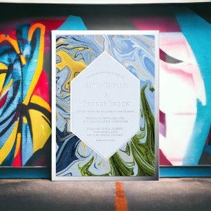 Invitación Con Relieve Metalizado Elegante color azul verde mínimo Abstracto Boda Pl