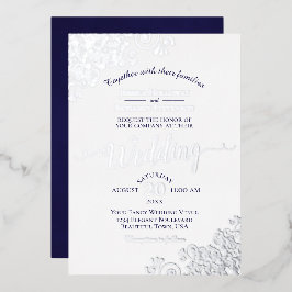Invitación Con Relieve Metalizado Elegante color plateado y azul marino sobre Boda b