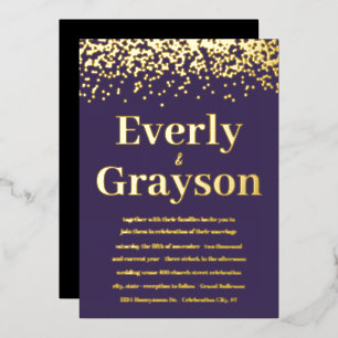 Invitación Con Relieve Metalizado Elegante Confeti Malhumorado Bodas Morado y Dorado