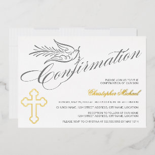Invitación Con Relieve Metalizado Elegante confirmación de cruz y paloma con caligra