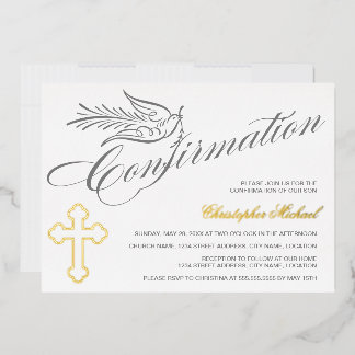 Invitación Con Relieve Metalizado Elegante confirmación de cruz y paloma con caligra