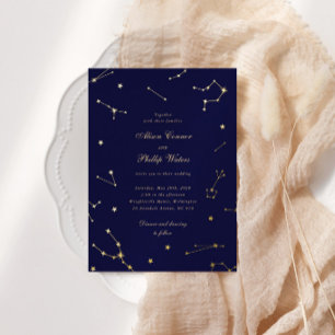 Invitación Con Relieve Metalizado Elegante Constelación Azul y Dorada Boda