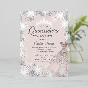 Invitación Con Relieve Metalizado Elegante copo de invierno rosa Rubor Quinceanera