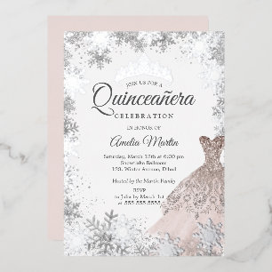 Invitación Con Relieve Metalizado Elegante copo de invierno rosado Quinceanera