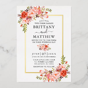 Invitación Con Relieve Metalizado Elegante Coral Floral Boda Aquarela Dorado