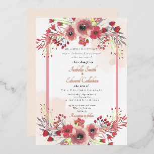 Invitación Con Relieve Metalizado Elegante Coral Peony Floral Wreath Boda Relieve me
