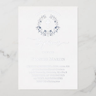 Invitación Con Relieve Metalizado elegante corona azul Bautizo plata