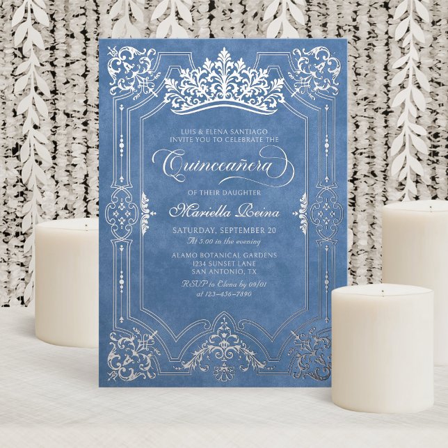 Invitación Con Relieve Metalizado Elegante Corona Azul Tiara Quinceanera (Subido por el creador)
