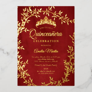 Invitación Con Relieve Metalizado Elegante Corona de Quinceañera con Hojas de Oro Ro