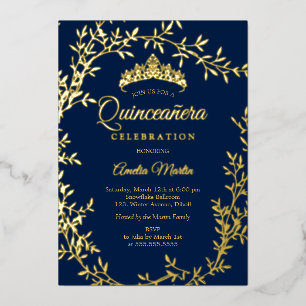 Invitación Con Relieve Metalizado Elegante Corona de Quinceañera de Hoja de Oro y Az