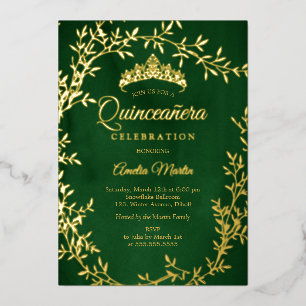 Invitación Con Relieve Metalizado Elegante Corona de Quinceañera de Hoja de Oro y Es